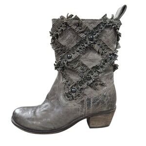 Sheridan Mia Brown Leather Bootie Boots‎ Fringe Studded Zip Women's US Sz 7.5
